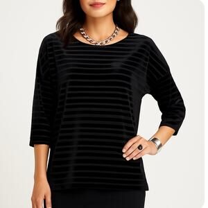 Chicos Black Velvet Burnout Striped Tunic Size 1/M Dolman Sleeve Lined Holiday